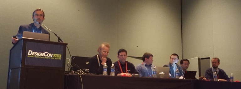 Telian hosting AMI Panel Discussion. Panelists from left to right: Bob Miller, Avago - Todd Westerhoff, SiSoft - Stephen Scearce, Cisco - Aleksey Tyshchenko, Intel - Fangyi Rao, Keysight - Greg Edlund, IBM